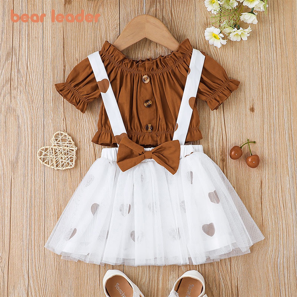BEAR LEADER Bộ Áo Thun In Hình Bướm + Chân Váy Lưới Thời Trang Âu Mỹ 2023 Cho Bé Gái 0-3 Tuổi