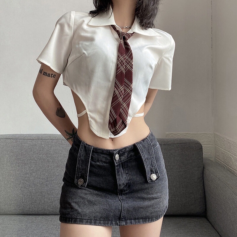 Kliou 2023  Áo Sơ Mi Ngắn Mỏng Thoáng Khí Hở Rốn Phong Cách Đường Phố Gợi Cảm Đa Năng Phong Cách Mới 2023 Kèm Cà Vạt Cho Nữ Sinh