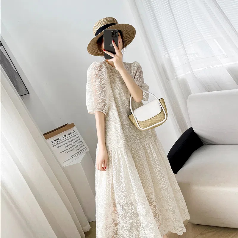 Đầm Nữ Phối Ren Họa Tiết Thêu Xinh Xắn Thời Trang Dành Cho Mùa Hè