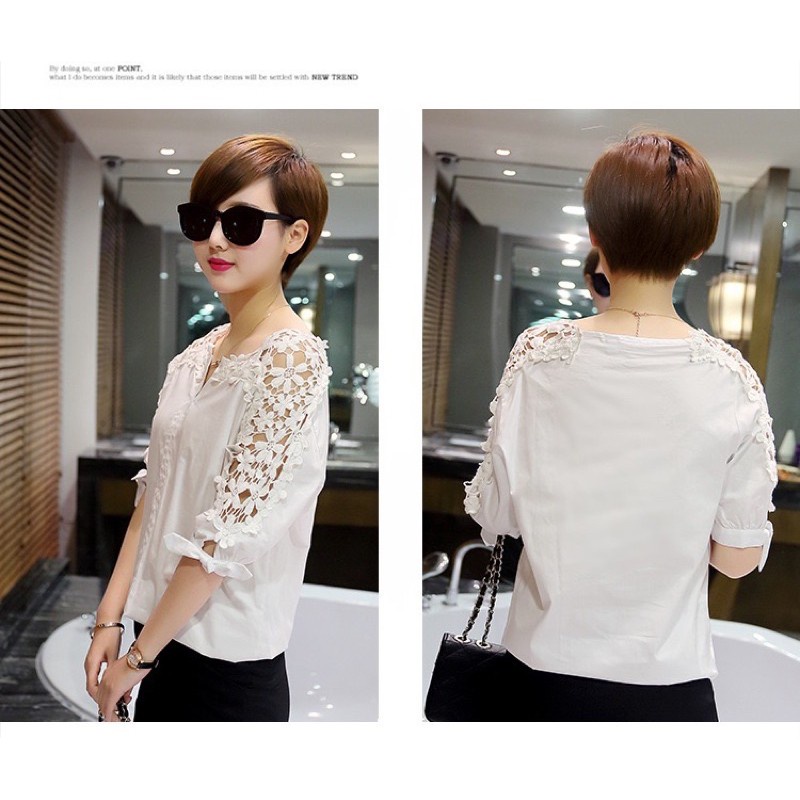 MS064 Áo sơ mi cổ thuyền tay lỡ phối ren sang trọng