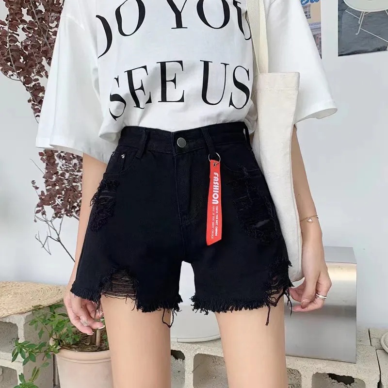 Quần Short Denim Chữ A Ống Rộng Rách Gối Phong Cách Mới