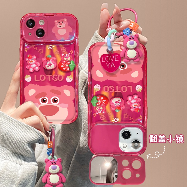 Ốp Điện Thoại Nắp Gập Tráng Gương Họa Tiết Gấu Hồng Kèm Giá Đỡ Cho IPhone 14 13 12 11 Pro Max X XR XS