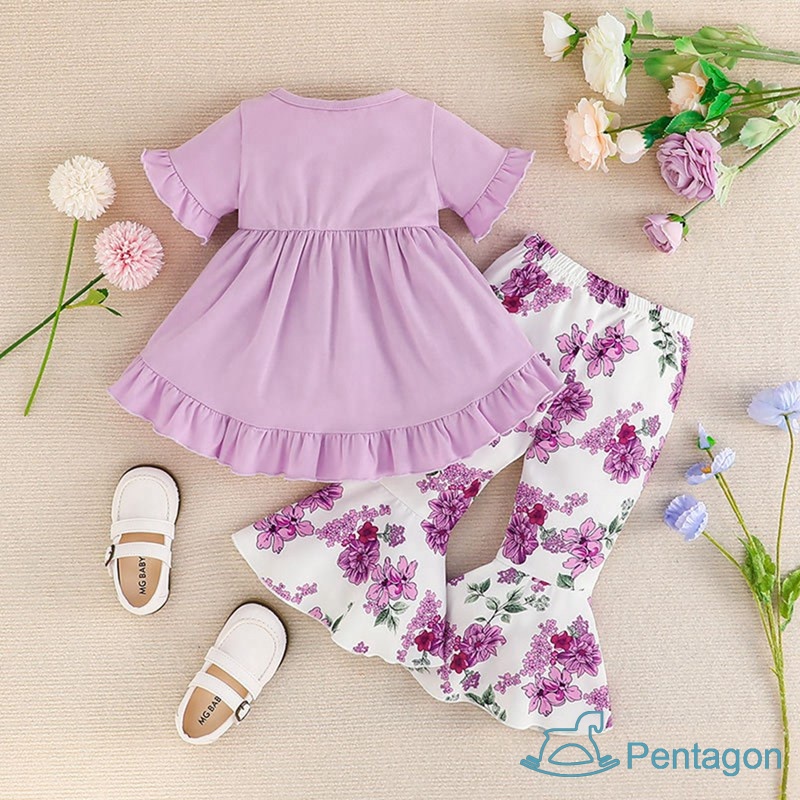 Set Đồ Mùa Hè 2 Món Gồm Áo Trơn Màu Và Quần Ống Loe Cho Bé Gái