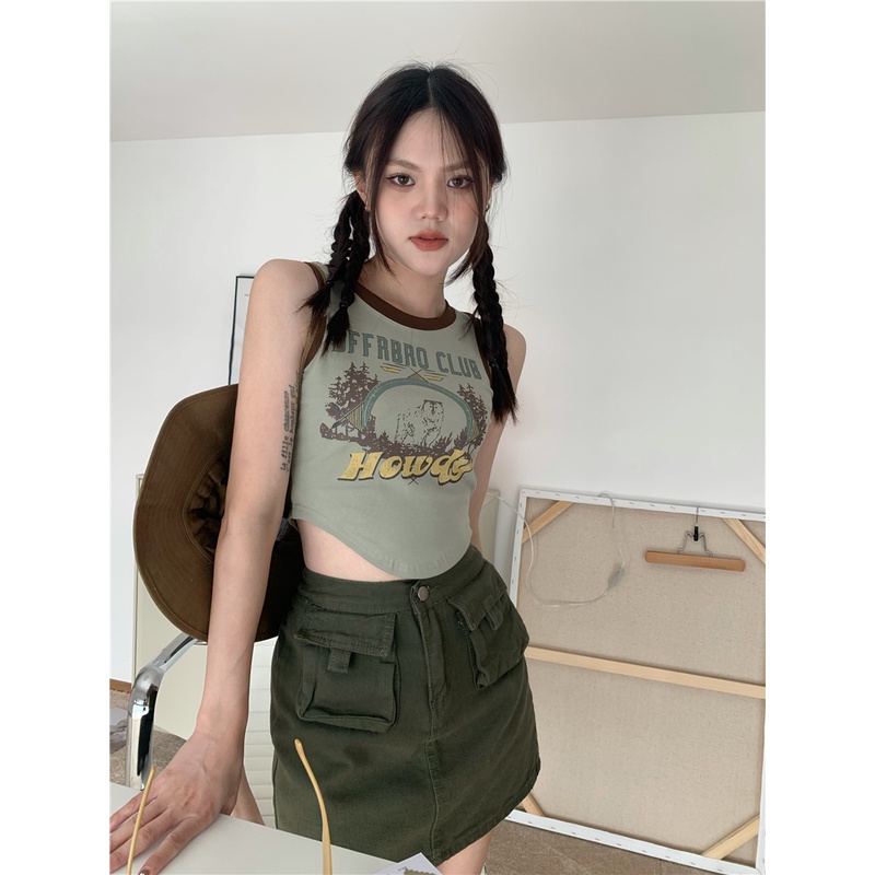 Cocory vn Áo Crop top Ôm Dáng Vừa Vặn In Họa Tiết Retro Mỹ Dễ Phối Đồ Cho Nữ