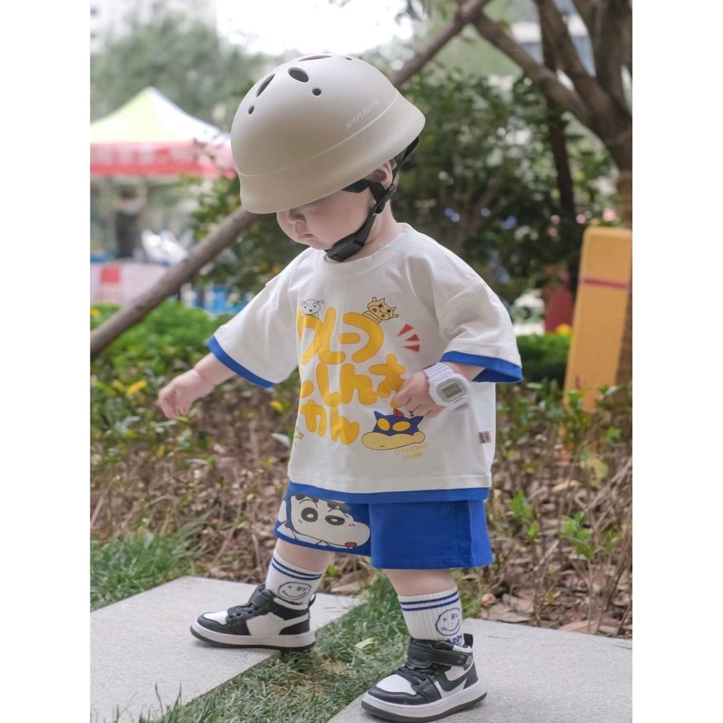 Bộ Áo Thun Cotton Tay Ngắn In Hoạt Hình Cậu Bé Bút Chì Shin-Chan Phối Quần Short Thời Trang Mùa Hè Cho Bé