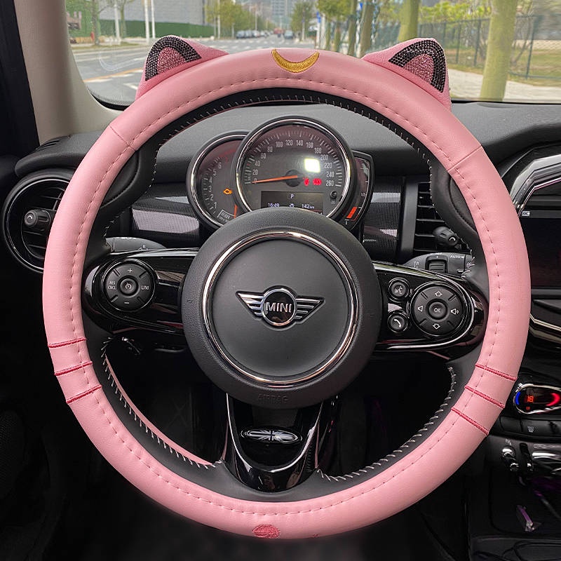 38cm Cartoon Cat Ears Steering Wheel Cover Girl PU Leather Four Seasons Fashion Trending Cute with Diamonds Car Steering Wheel Cover 83xy