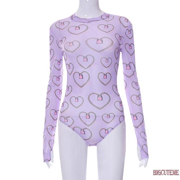 Bộ Áo Liền Quần Tay Dài Cổ Tròn Phối Lưới Xuyên Thấu Màu Tím Quyến Rũ Cho Nữ