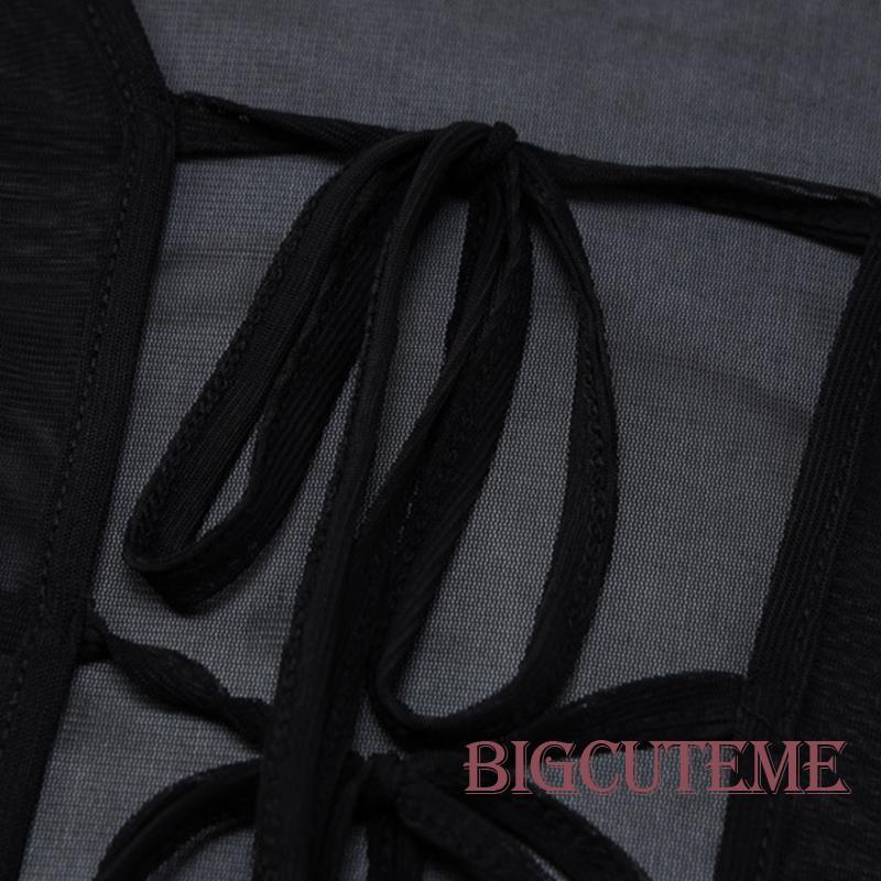 Đầm Dài Đen Phối Lưới Xuyên Thấu Cột Dây Tay Dài Hở Lưng Cho Nữ