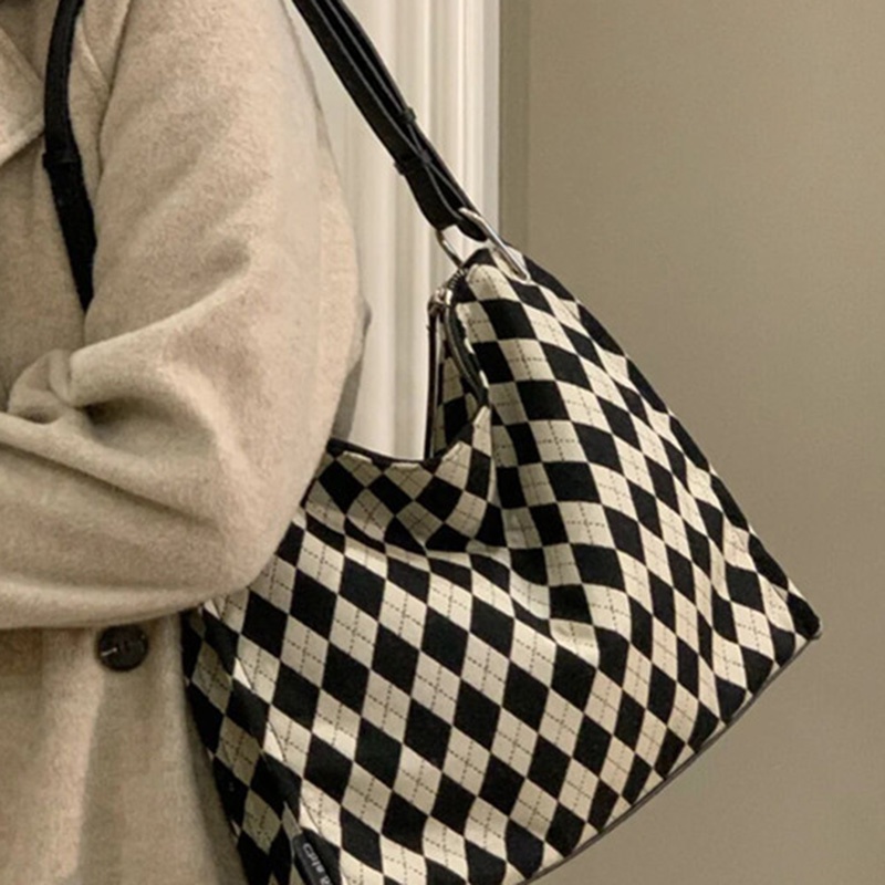 Túi Đeo Vai Sức Chứa Lớn Họa Tiết Hình Thoi Màu Trắng Đen Chất Lượng Cao Cho Nữ