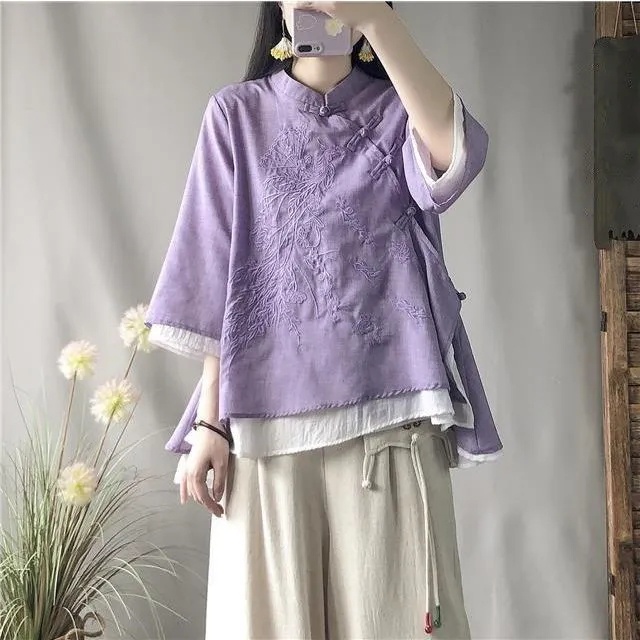 Áo Sơ Mi Vải Lanh Cotton Dáng Rộng Cài Nút Kiểu Trung Hoa Thời Trang Xuân Hè Cho Nữ