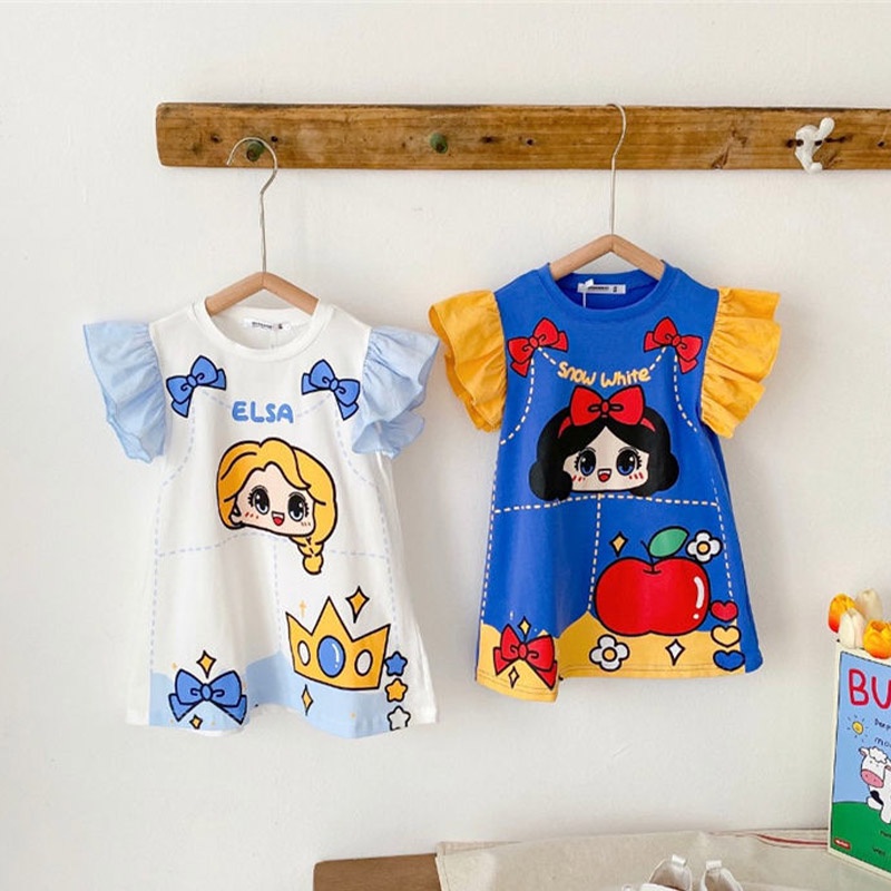 MOMCHOOSE Đầm Thun In Hình Bạch Tuyết Elsa Cho Bé Gái