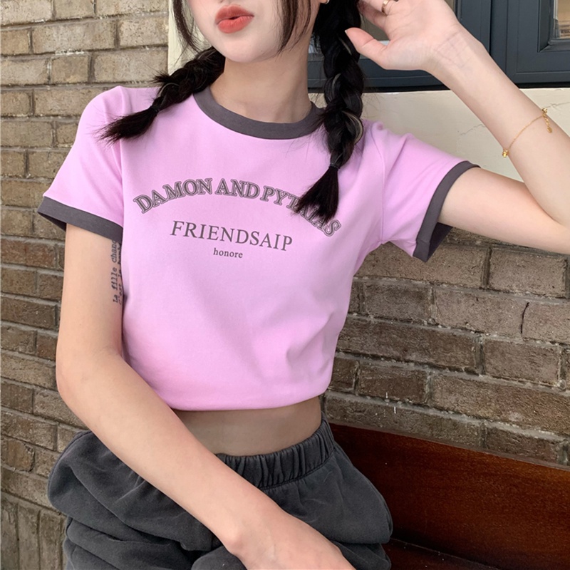 IELGY Áo Thun Cổ Tròn In Họa Tiết Màu Sắc Tương Phản Thời Trang Cho Nữ