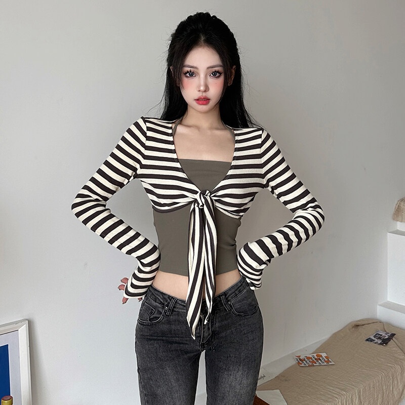 Kliou 2023 Mới Set Áo Crop Top Tay Dài Họa Tiết Kẻ Sọc + Áo Hai Dây Ôm Dáng Phong Cách Cổ Điển Thời Trang 2023