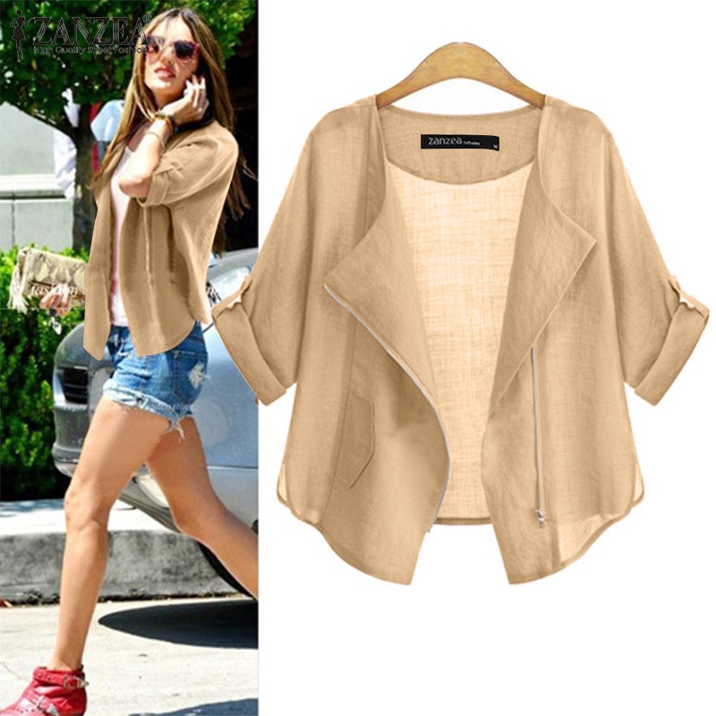 Áo khoác cardigan ZANZEA ngắn tay cổ thuyền phối khóa kéo thời trang đường phố cho nữ