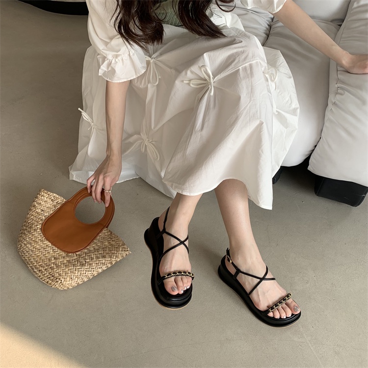 Sandal Đế Xuồng Hở Ngón Phối Dây Xích Kim Loại Thời Trang 2023 Dành Cho Nữ