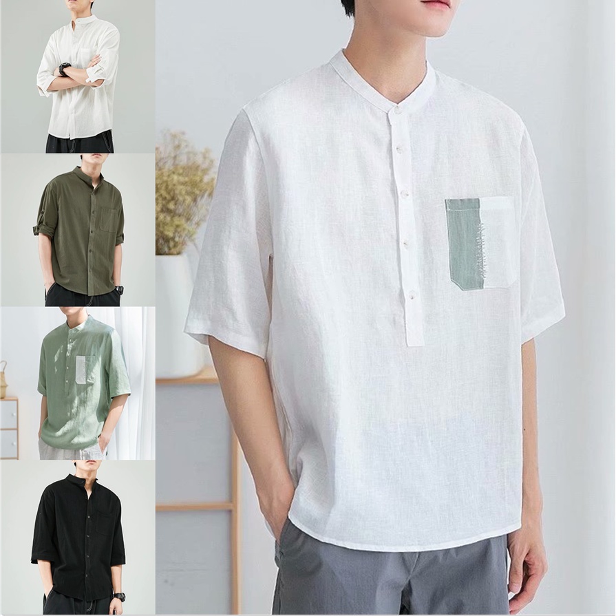 Áo Sơ Mi Nam Vải Lanh Cotton Cổ Đứng Tay 3 / 4 Vừa Vặn Thời Trang E0SJ 2023