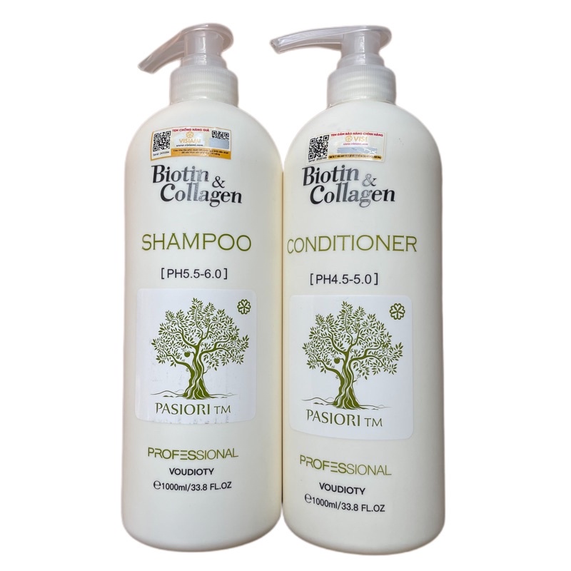 Dầu gội xả kích thích mọc tóc Biotin & Collagen PASIORI New 1000mlx2 ( New 2023 )