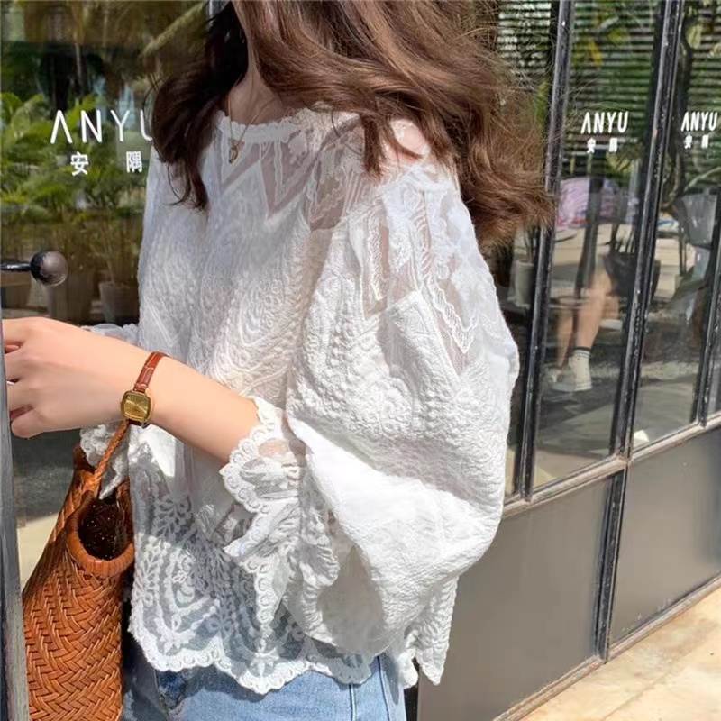Baju Áo Sơ Mi Ren Trắng Tay Lồng Đèn Khoét Rỗng Cho Nữ