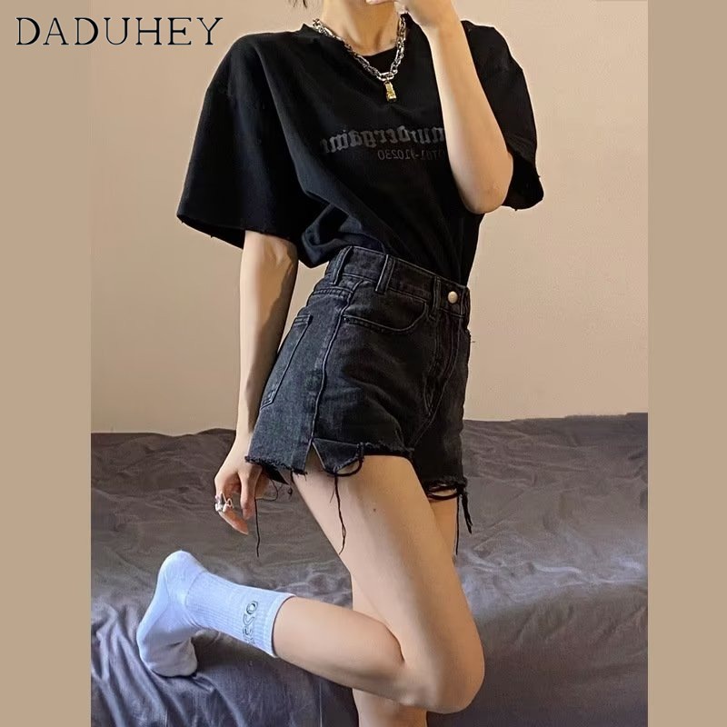 Quần short denim DaDuHey dáng chữ A viền thô phong cách Hàn Quốc INS cao cấp