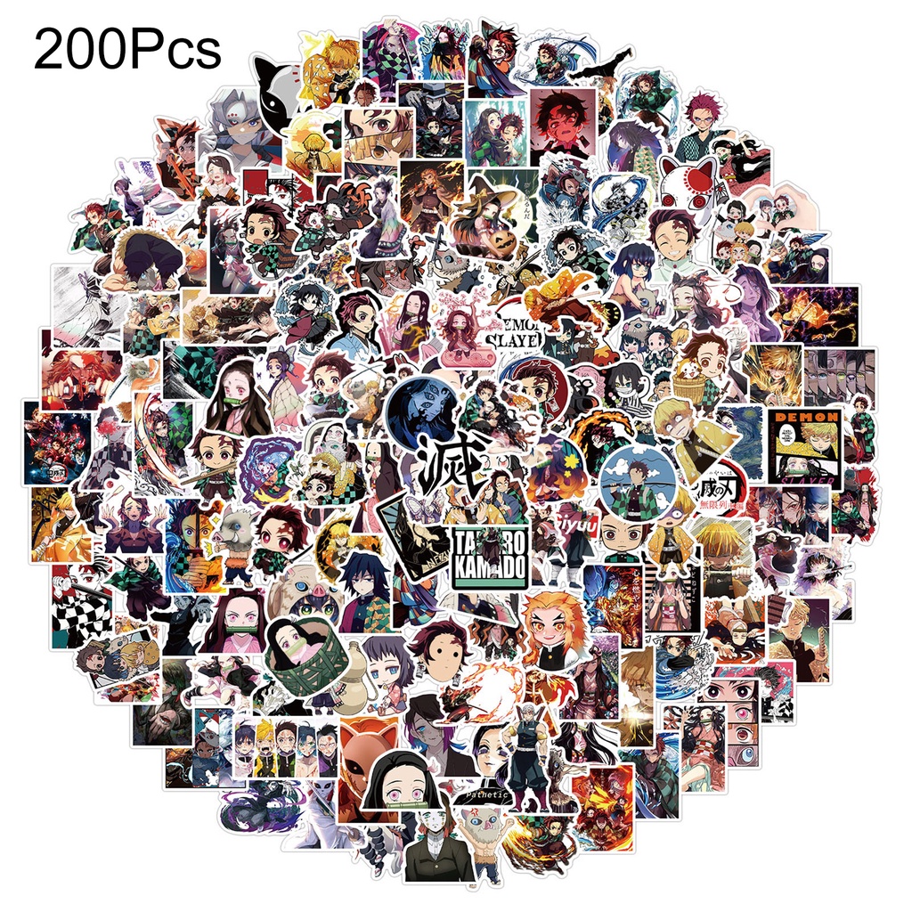 Set 200 Miếng Dán Chống Thấm Nước Hình Anime Demon Slayer Trang Trí Laptop