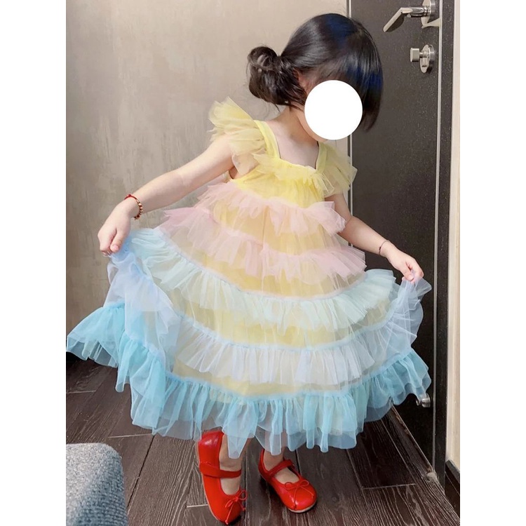Đầm Xòe Xếp Tầng Vải Tuyn Màu Cầu Vồng Dễ Thương Thời Trang Mùa Hè Cho Bé Gái