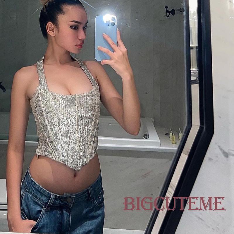 Áo Croptop Hai Dây Đính Kim Sa Lấp Lánh Thời Trang Mùa Hè Cho Nữ