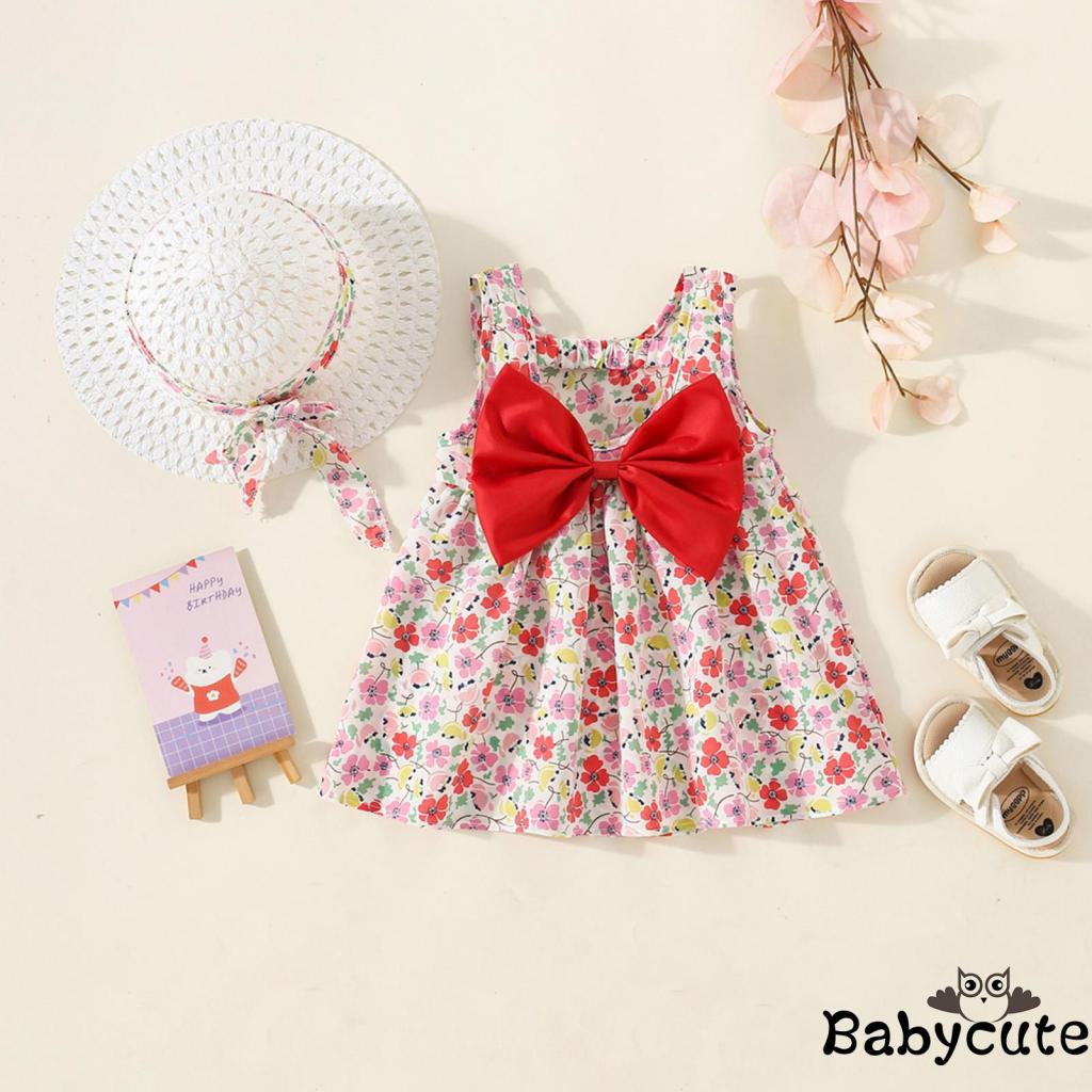 Bộ Đầm 2 Món Không Tay In Hoa + Mũ Chống Nắng Dành Cho Bé Gái