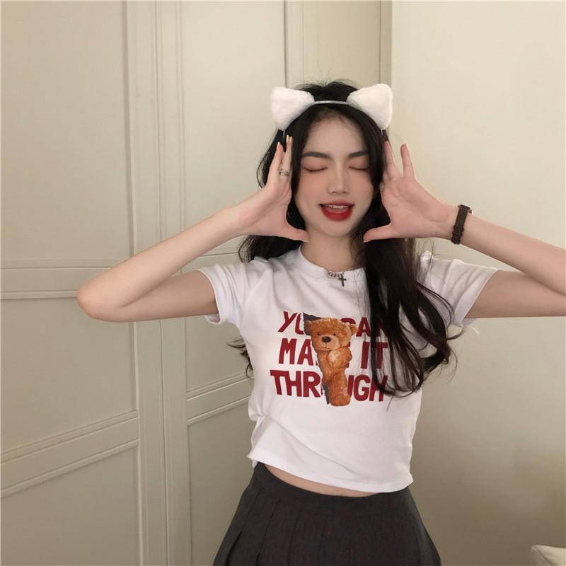 Áo Thun Ngắn Tay In Hình Gấu Và Chữ Phong Cách Hàn Quốc Thời Trang Mùa Hè Hàng Mới Dành Cho Bạn Nữ