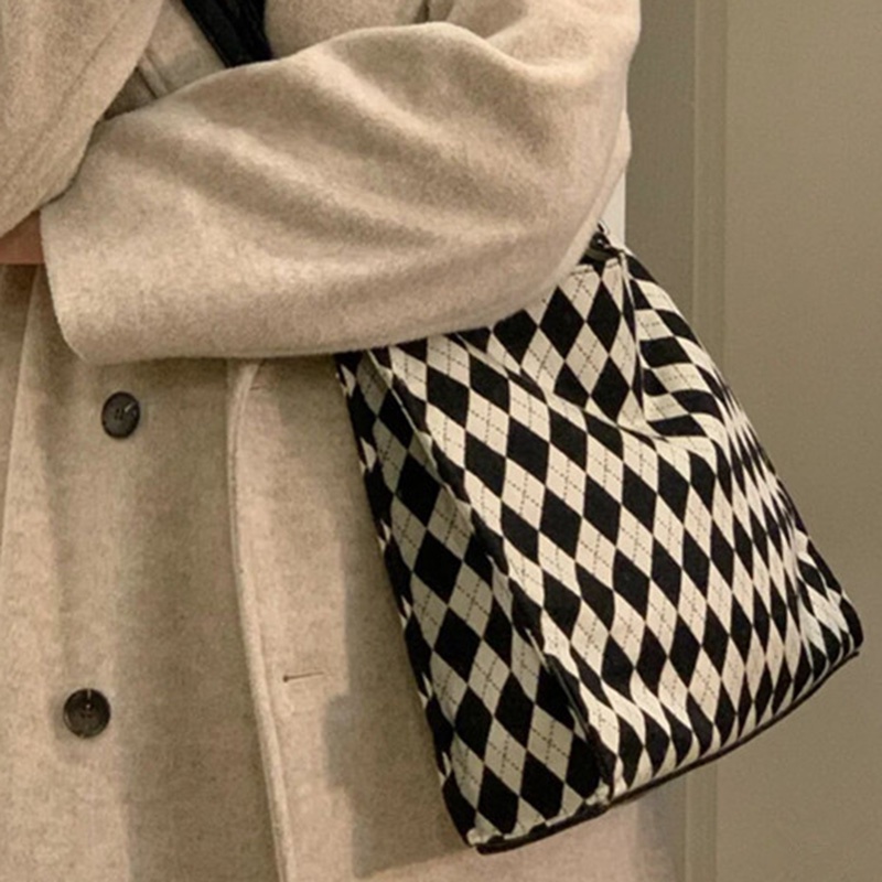 Túi Đeo Vai Sức Chứa Lớn Họa Tiết Hình Thoi Màu Trắng Đen Chất Lượng Cao Cho Nữ