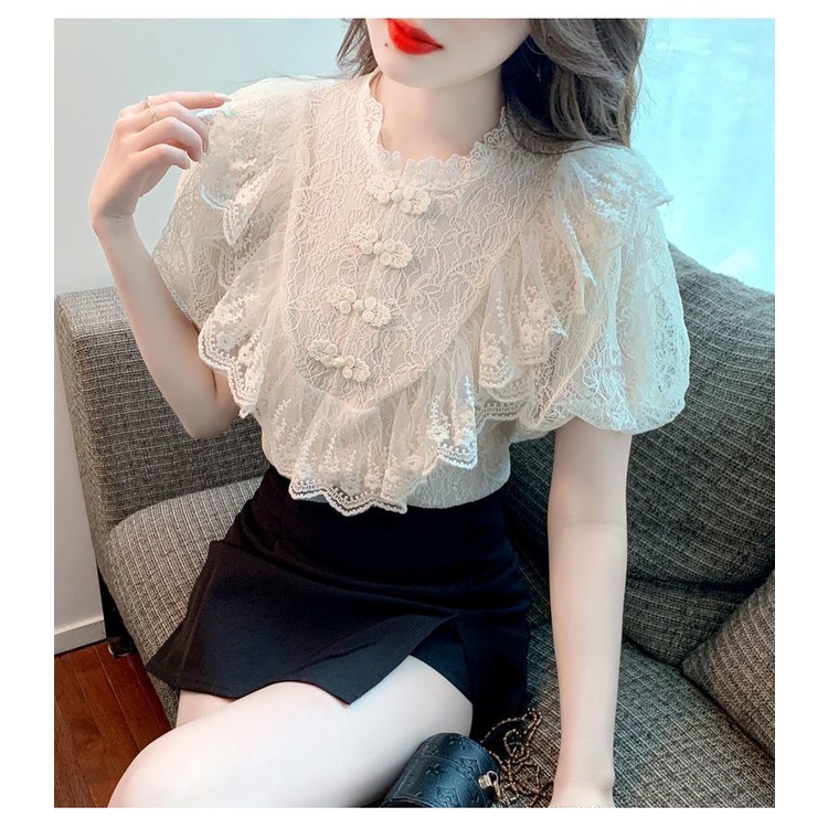 Áo Voan Tay Ngắn Phồng Phối Ren Thời Trang Mùa Hè Dành Cho Nữ E1MH