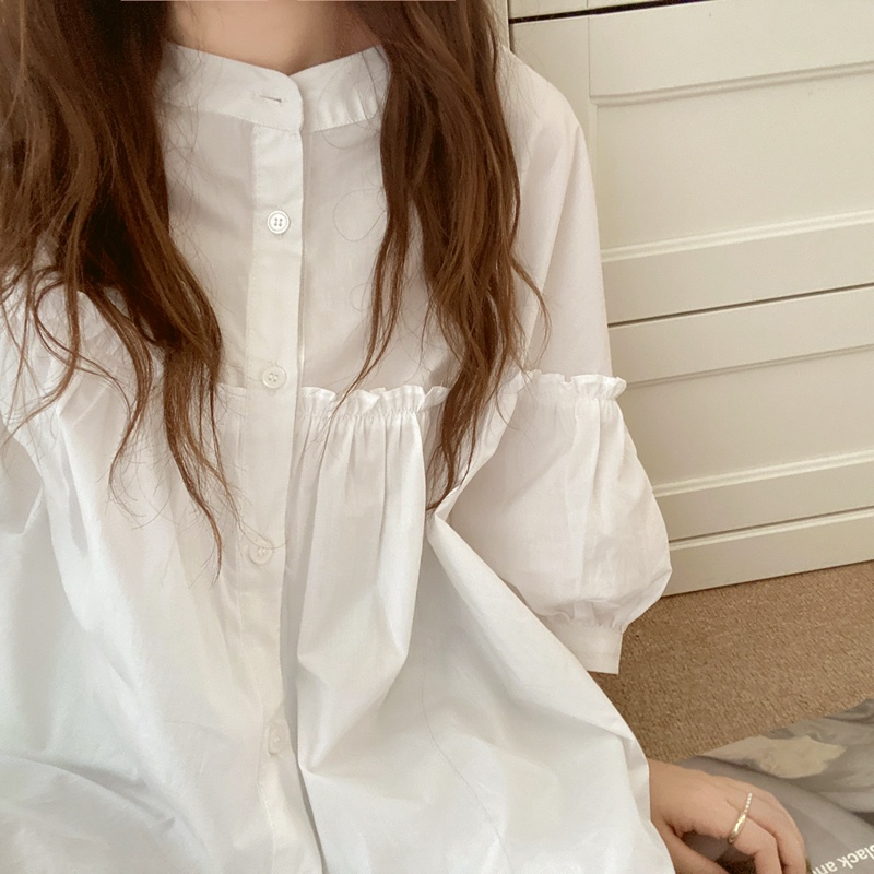 Áo sơ mi SUXI tay phồng cổ tròn ngọt ngào phong cách Hàn Quốc