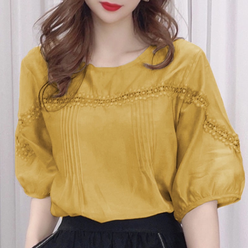 Áo Kiểu Tay Phồng Vải Cotton Phối Ren Thiết Kế Cỡ Lớn Thời Trang Trẻ Trung