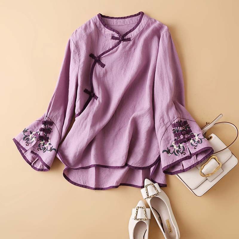 Áo Sơ Mi Vải Lanh Cotton Dáng Rộng Cài Khóa Thêu Hình Đĩa Kiểu Vintage