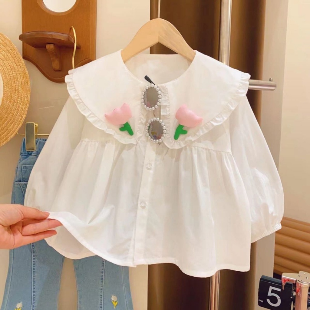 Áo Sơ Mi Cổ Búp Bê Dáng Rộng Thời Trang Mùa Xuân 2023 Cho Bé Gái