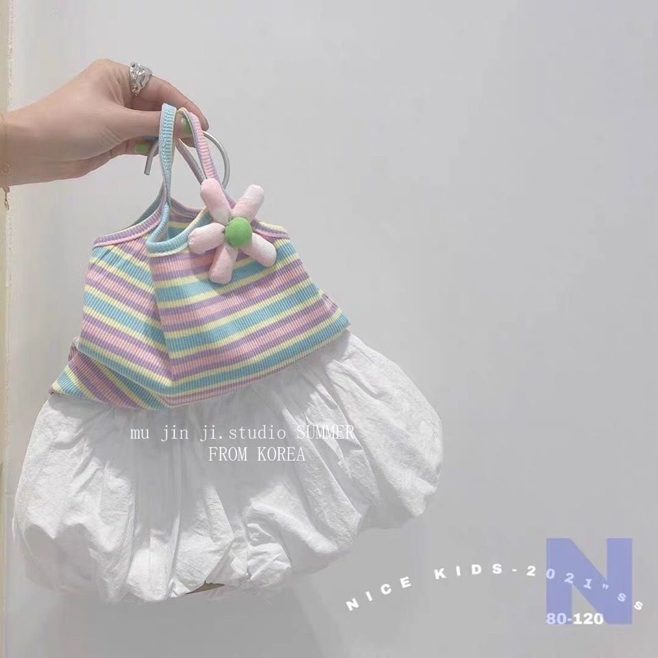Bộ Đồ Áo Hai Dây Ba Chiều In Hoa Nhỏ Màu Cầu Vồng Thời Trang Mùa Hè 2023 Cho Bé Gái