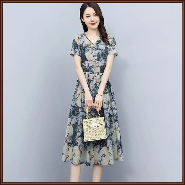 Đầm Tay Ngắn Cổ Chữ V In Họa Tiết Hoa Thanh Lịch Dành Cho Nữ