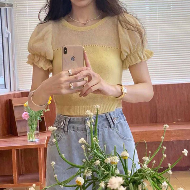 Áo Dệt Kim Tay Ngắn Phồng Màu Vàng Phong Cách Pháp Thời Trang Mùa Xuân 2023 Mới Cho Nữ