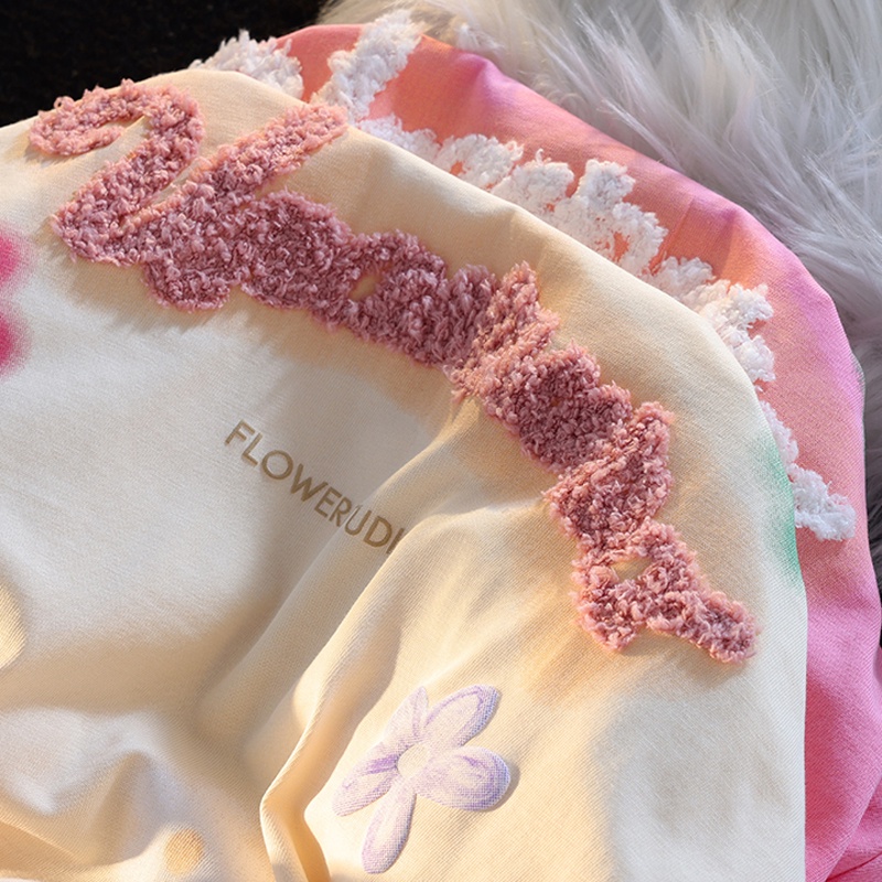 Áo Thun Tay Ngắn 100% cotton 200g In Họa Tiết Mới + Khăn Thêu Cho Nữ