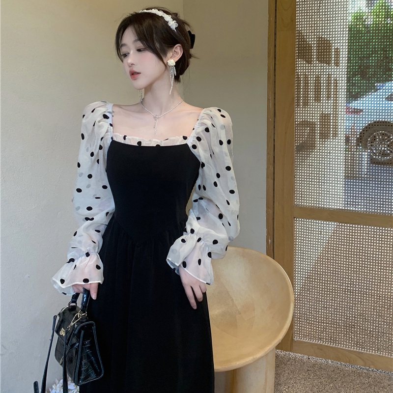 IELGY  Đầm Tay Dài Phối Lưới Dáng Ôm Phong Cách retro Pháp Thanh Lịch Dành Cho Nữ