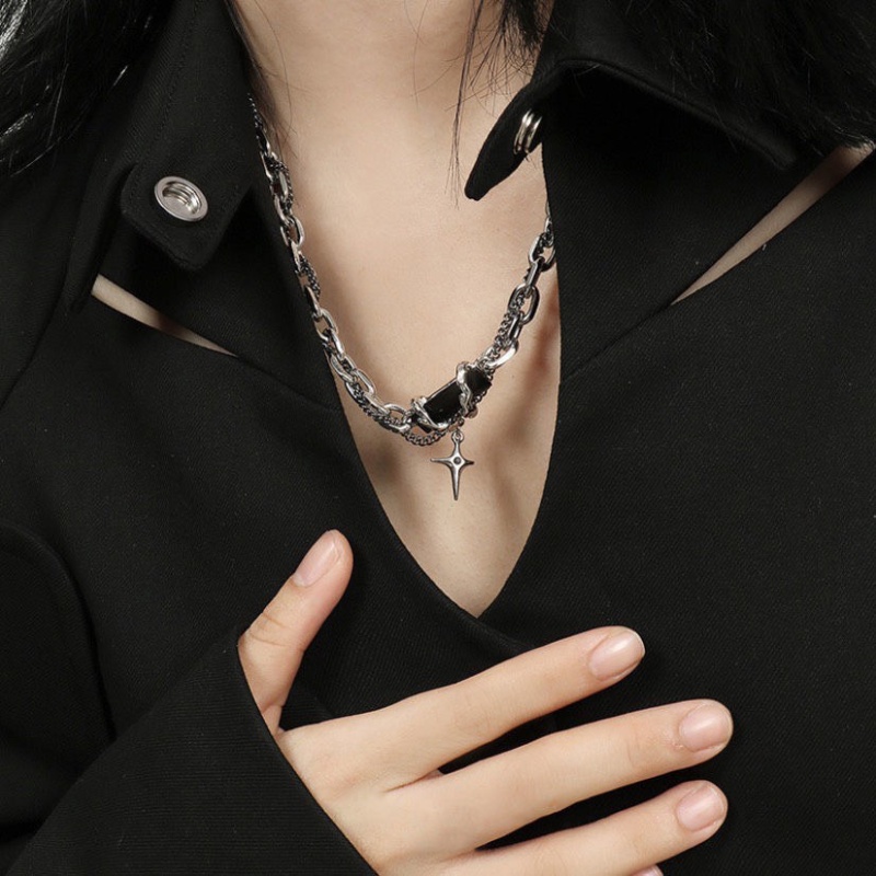 Vòng cổ Nhiều Lớp Bằng Thép Titan Màu Đen Phong Cách Hip Hop