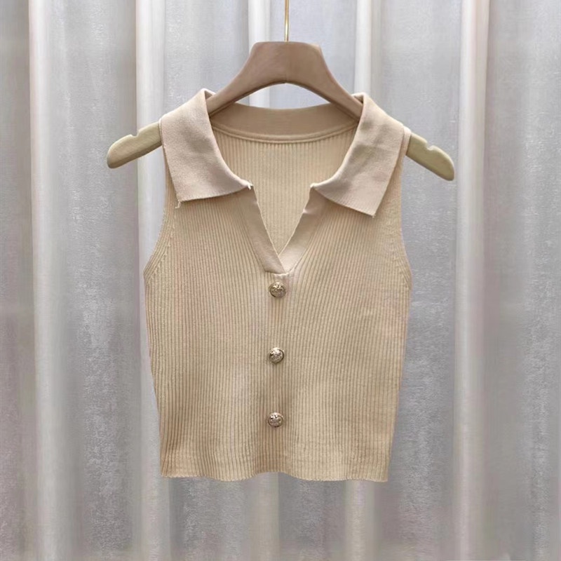 Áo Dệt Kim Sát Nách Cổ POLO Dáng Ngắn Thời Trang Mùa Hè Cho Nữ