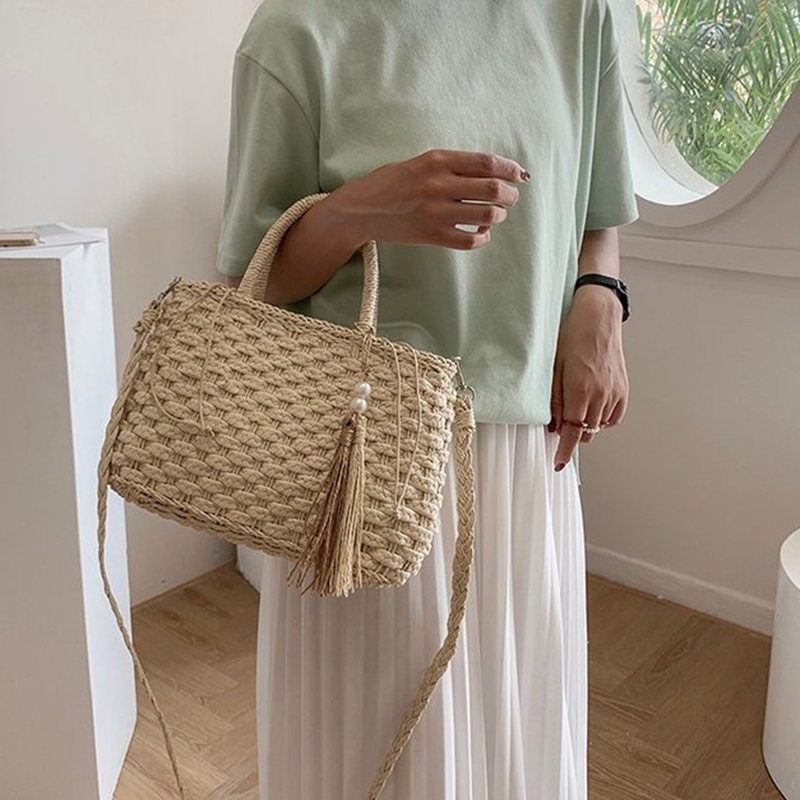 Túi Xách Đan Lát Sức Chứa Lớn Phối Tua Rua Phong Cách Hàn Quốc Cho Nữ