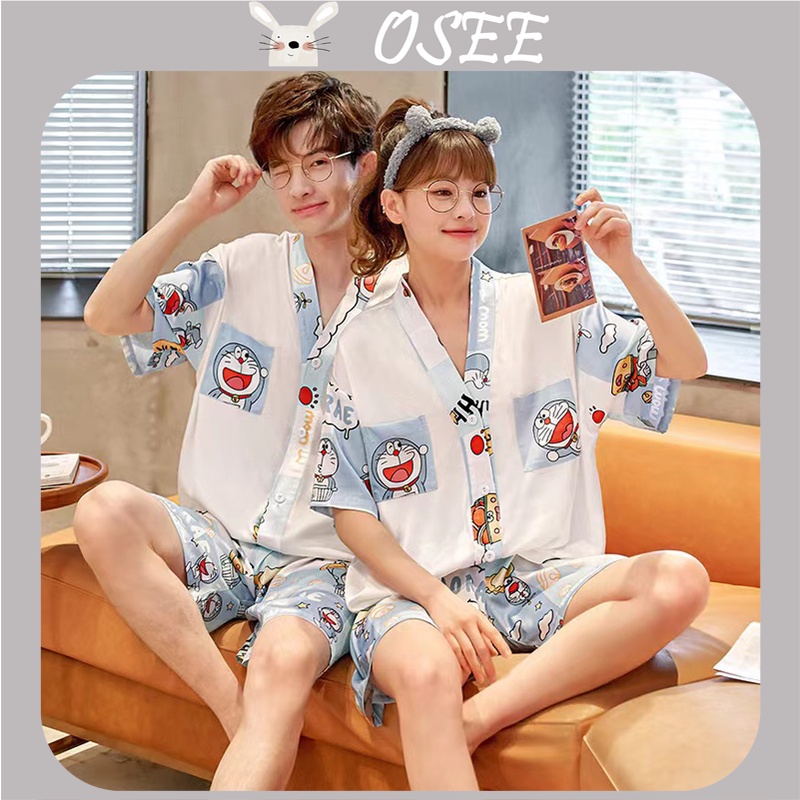 Bộ Đồ Ngủ Ngắn Tay Vải Lụa Lạnh Mỏng Cao Cấp Cổ Chữ V In Họa Tiết Hoạt Hình Thời Trang Xuân Thu Cho Cặp Đôi