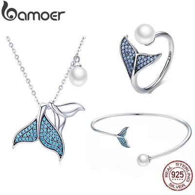 Nhẫn đeo tay Bamoer bằng bạc 925 khảm đá zircon hình đuôi tiên cá dễ thương