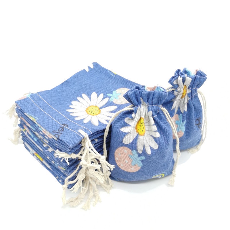 Túi Vải Lanh Cotton Đựng Trang Sức Họa Tiết Dâu Tây Dễ Thương