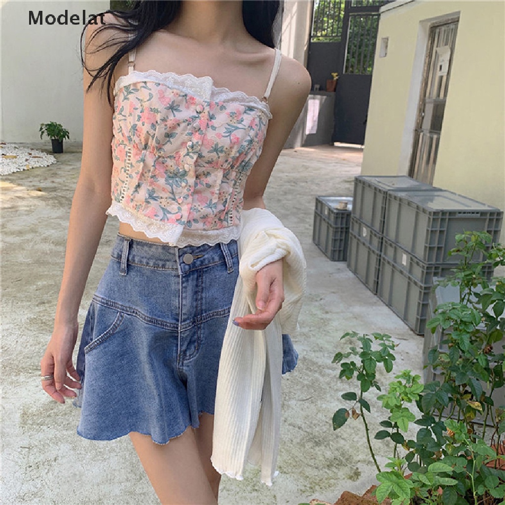 Áo Croptop Sát Nách Dáng Ôm In Họa Tiết Hoa Thời Trang Mùa Hè Xinh Xắn Cho Nữ