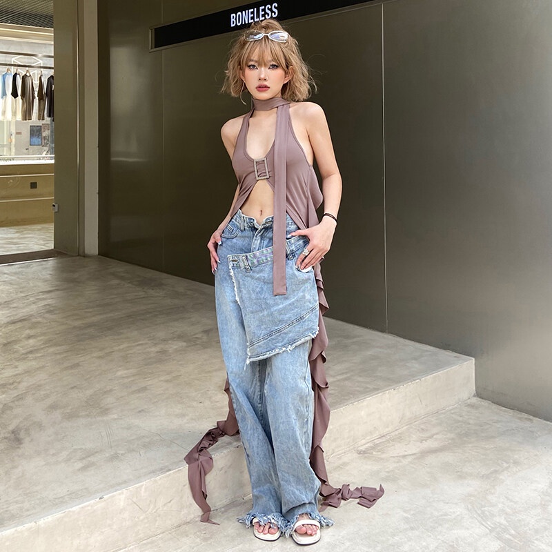 Kliou Áo Tank Top Hai Dây Hở Lưng Phối Bèo Thời Trang Đường Phố Gợi Cảm Y2K 2023