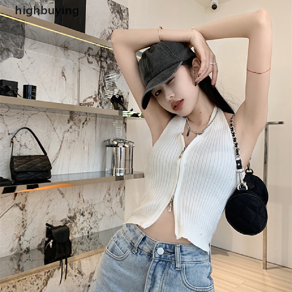Hbvn Belle Áo Crop Top Hai Dây Cổ Chữ V Gợi Cảm Màu Trơn Phối Khóa Kéo Phong Cách Đường Phố Cho Nữ