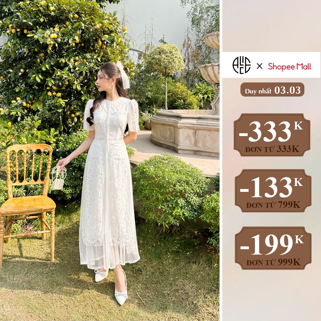 Set Áo Dài Ren Kèm Chân Váy Dập Ly Dáng Xòe ALICE Màu Trắng Chất Liệu Ren, Phong Cách Thanh Lịch Đi Làm Đi Tiệc S236