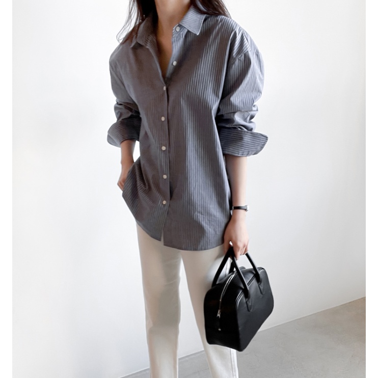 Áo sơ mi SUXI tay dài dáng rộng họa tiết kẻ sọc phong cách tối giản thời trang mùa xuân